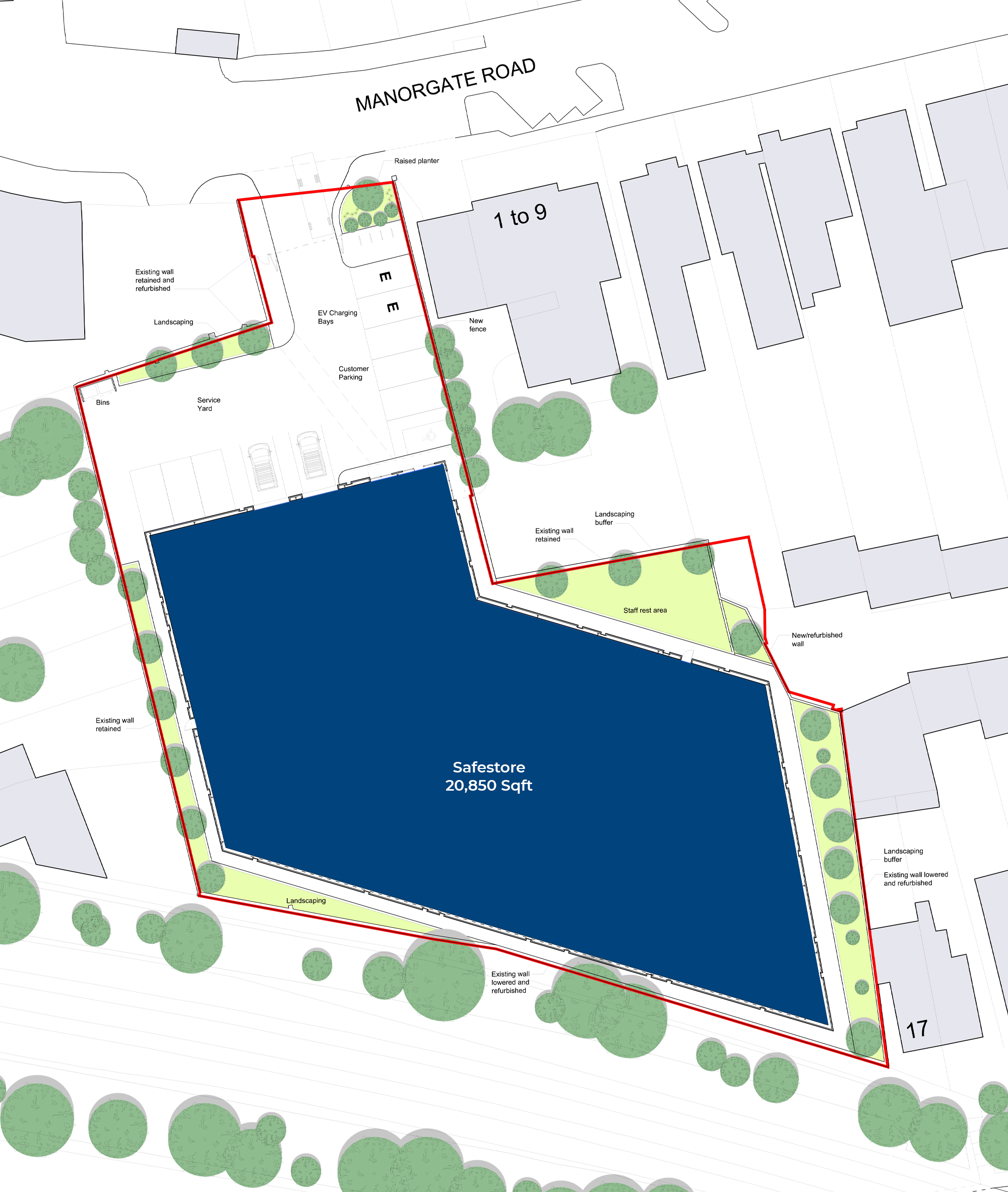 Bird's eye view of revised plan for the site, showing car parking and landscaping around building